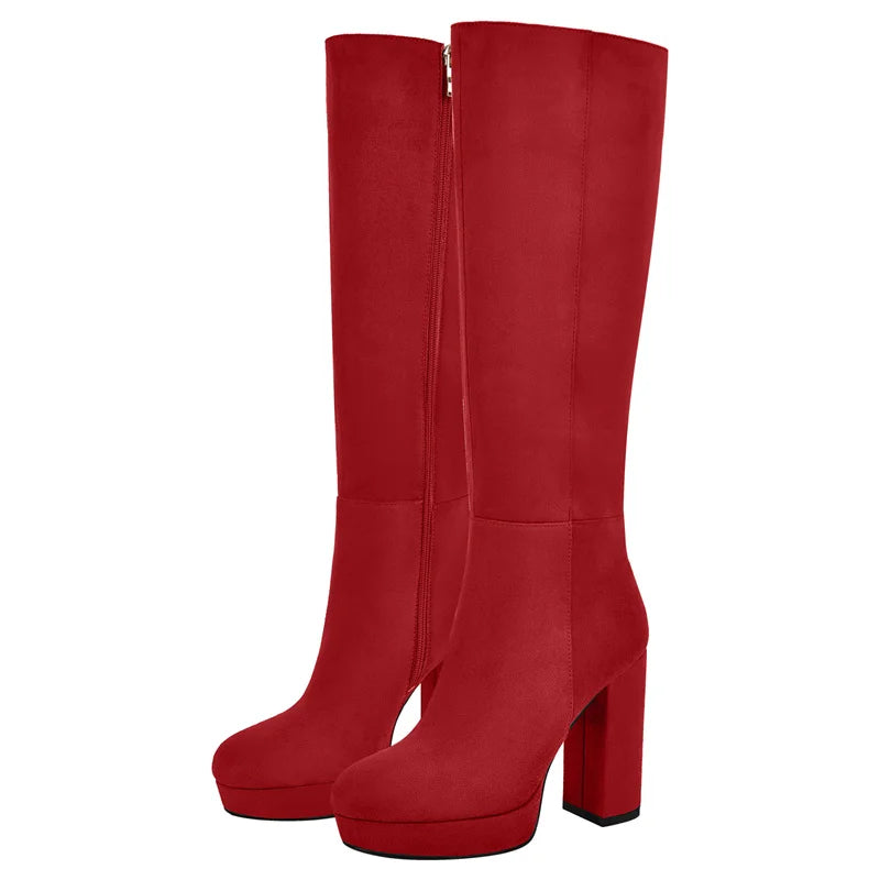 Onlymaker Women Round Toe Platform Knee High Boots Chunky Heel Boots With Side Zipper Concise Tall Modern Boots