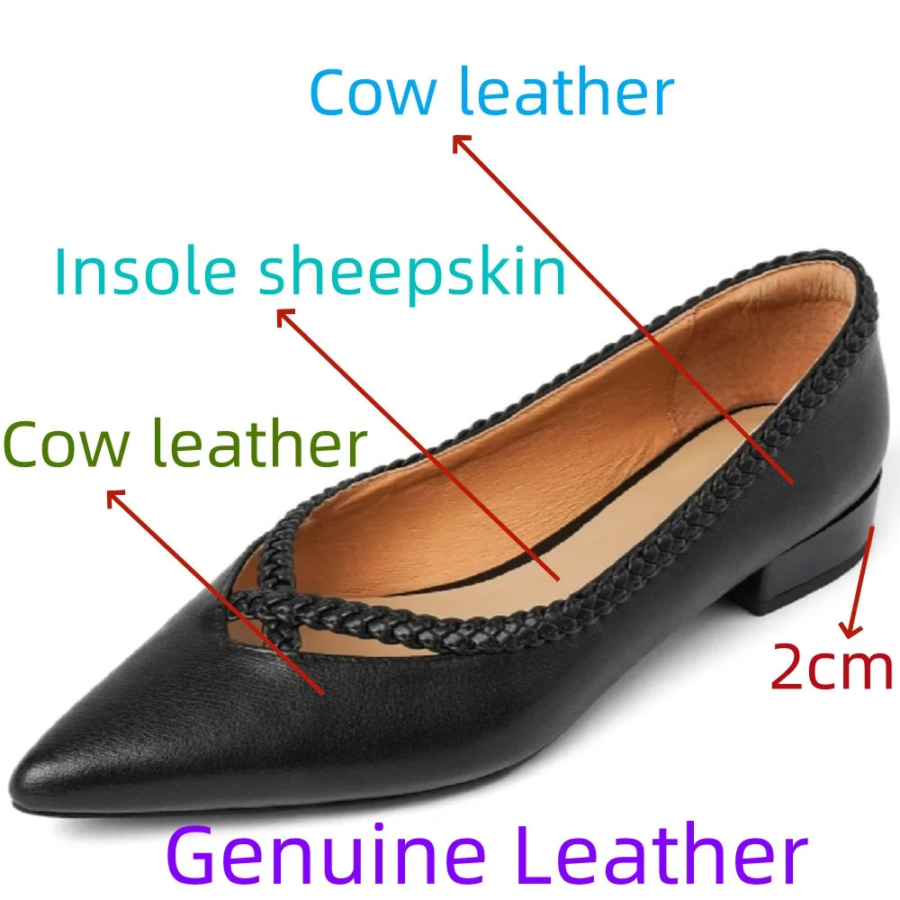 Women Handmade Cowhide Pointed Toe Low Heels Designs Shallow Loafers for Women Ladies Shoes 34-40