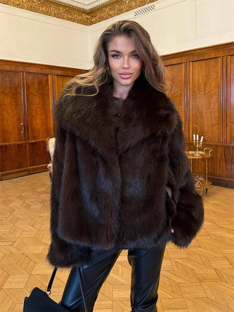 Winter Female Fur Feather Overcoat Luxury Lapel Long Sleeve Elegant Fluffy Commute Streetwear Women's Faux Fur Coat 2025