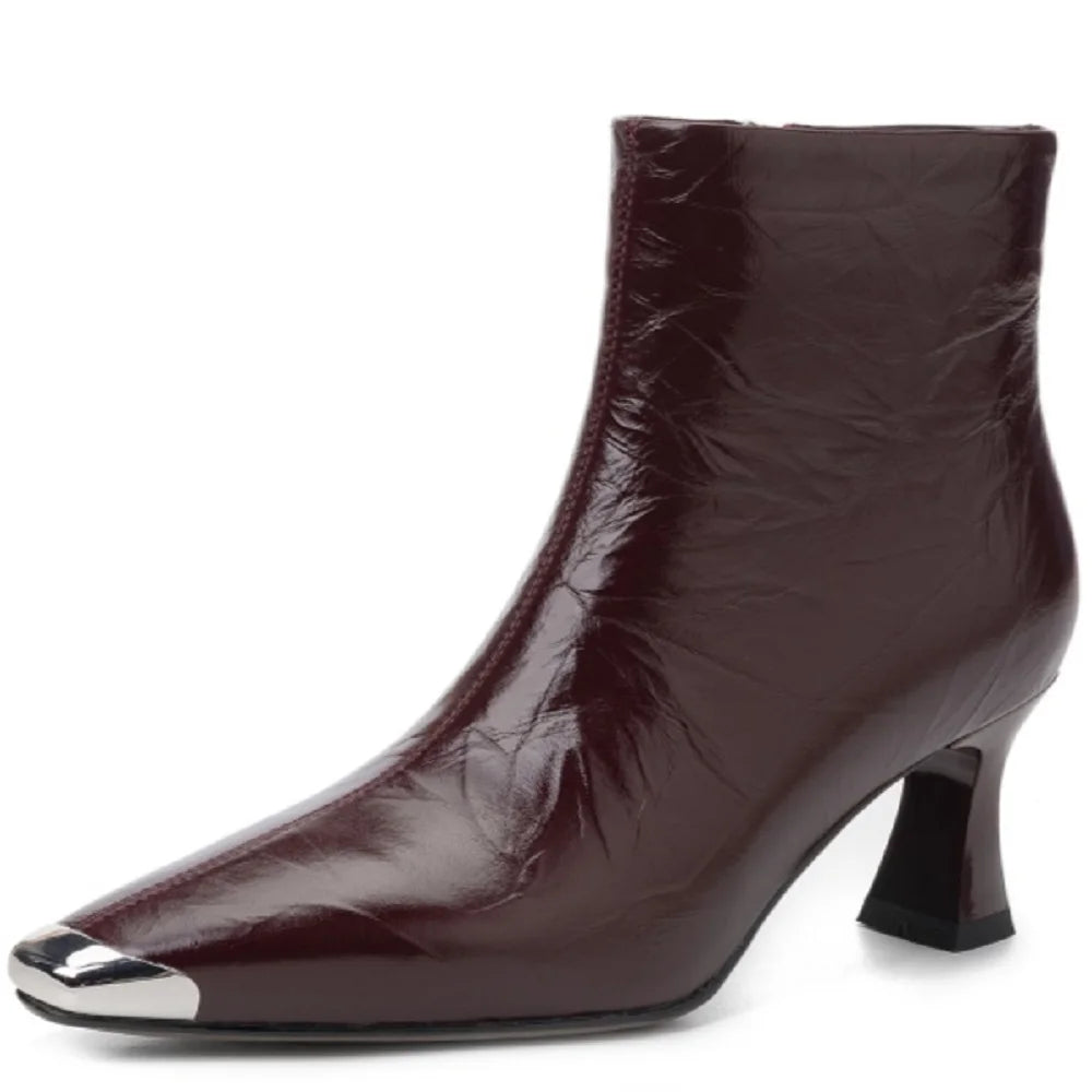 New Women Ankle Boots Winter Genuine Leather Autumn Shoes High Heels Pointed Toe Dress Lady Short Boots