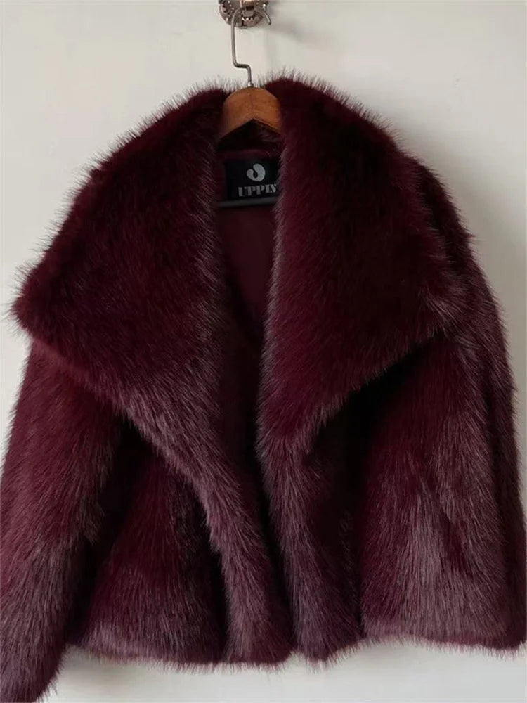 Winter Female Fur Feather Overcoat Luxury Lapel Long Sleeve Elegant Fluffy Commute Streetwear Women's Faux Fur Coat 2025
