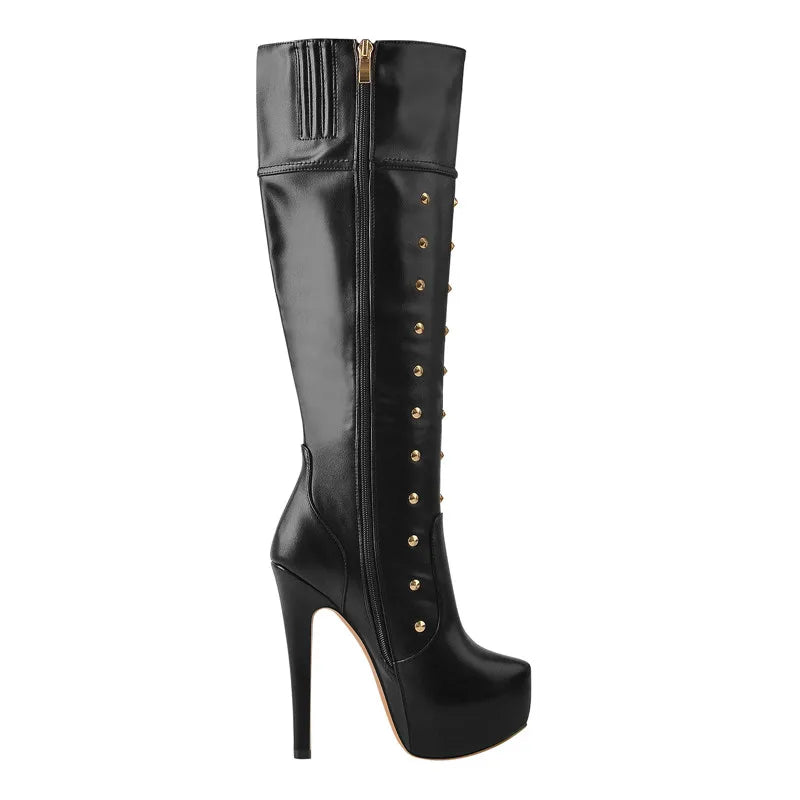 Onlymaker Women Platform Boots  Round Toe Stiletto Zipper Knee High High Heel Rivet Handmade Fashion Boots