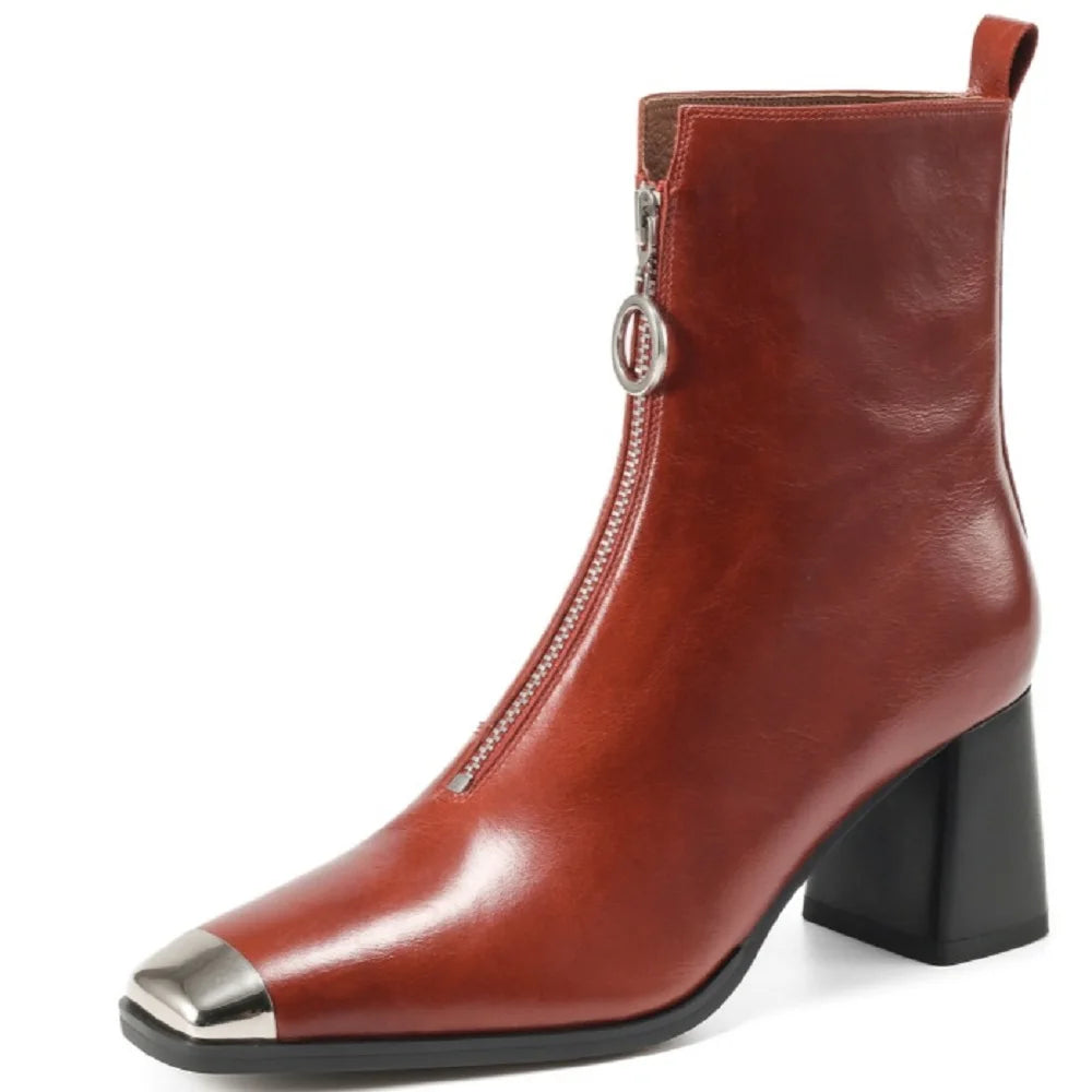 Women Handmade Genuine Leather Ankle Boots Metal High Heels Shoes Winter Square Toe Dress Lady Short Boots 34-40