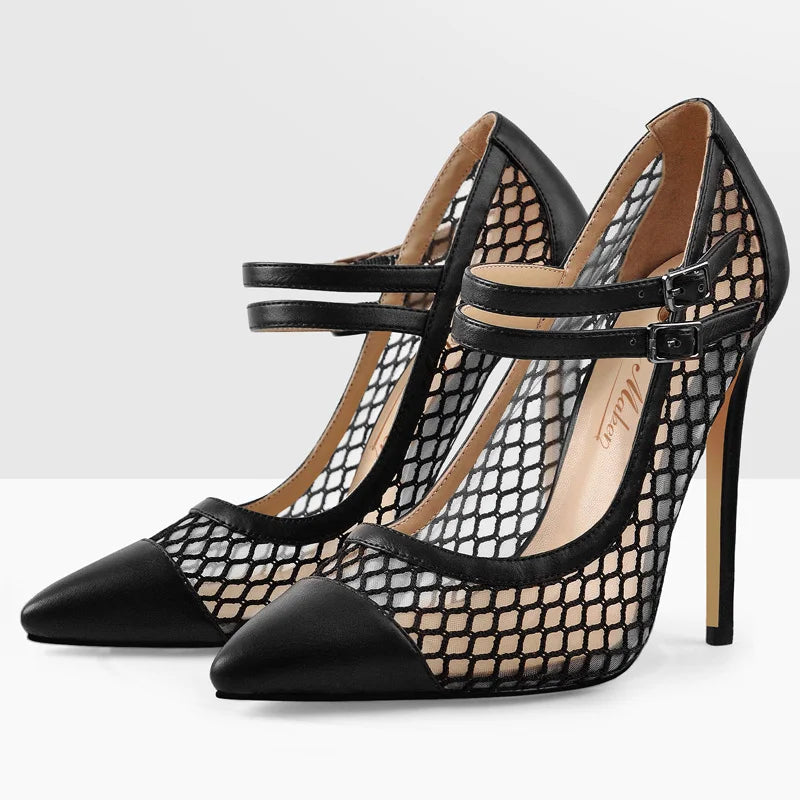 Women Pointed Toe Fashion Thin Heels Mesh Pumps Shoes Woman Big Size Pumps