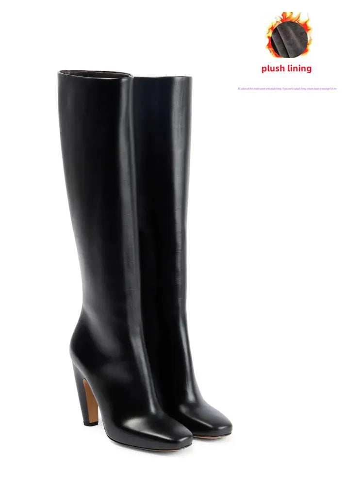 2026 Women's New Winter Coarse High Heels Knee Boots European and American Sexy Square Head Side Zipper Fashion Large Boots