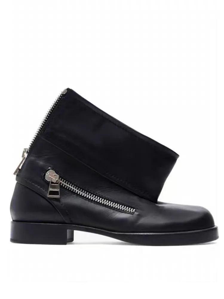 2025 Women's New Ankle Boot Design Zipper Low Heel Flat Bottom Women's Short Boots Motorcycle Boots Spring and Autumn