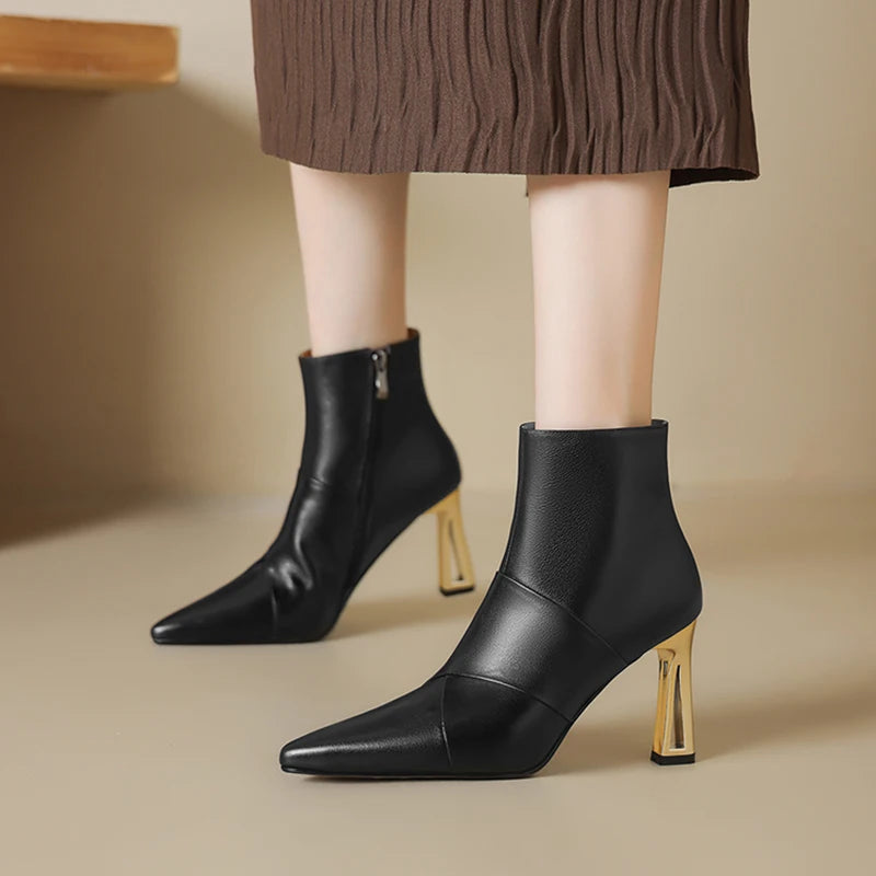 Women Handmade Genuine Leather Shoes Pointed Toe Elegent High Heel Ankle Boots Daily Shoes 34-40