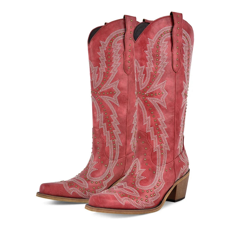 Onlymaker Women Pointed Toe Mid Calf  Pull-on Knee High Cowgirl Boots Comfy  Chunky Heel Western Boots