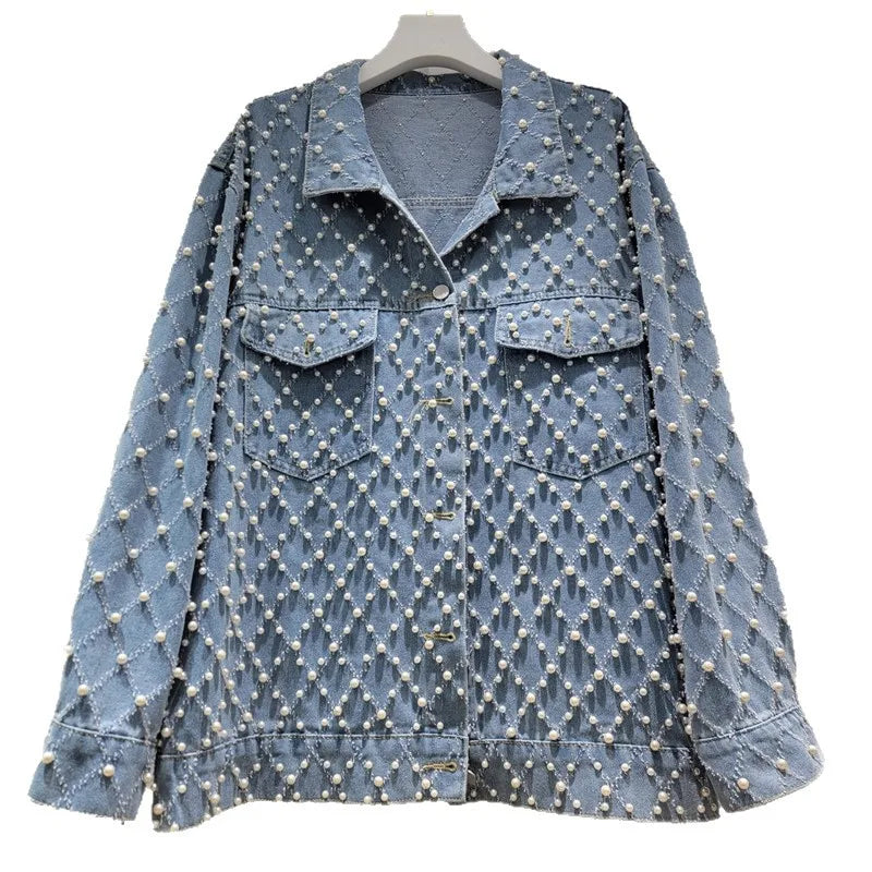 2026 Jeans Jacket Spring New Loose Heavy Beaded Denim Jacket For Women Trendy Long Sleeve Lapel Single-breasted Coat Female 11A08646