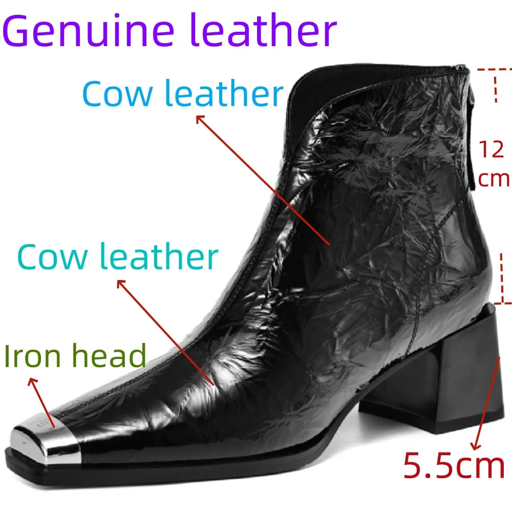 New Brand Handmade Genuine Leather Women Ankle Boots Square Toe  Zipper High Heels Pleated Design 34-40
