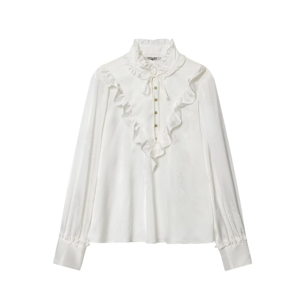 2025 Autumn New Women's Clothing French Style Mushroom Edge Standing Collar Long Sleeve Shirt