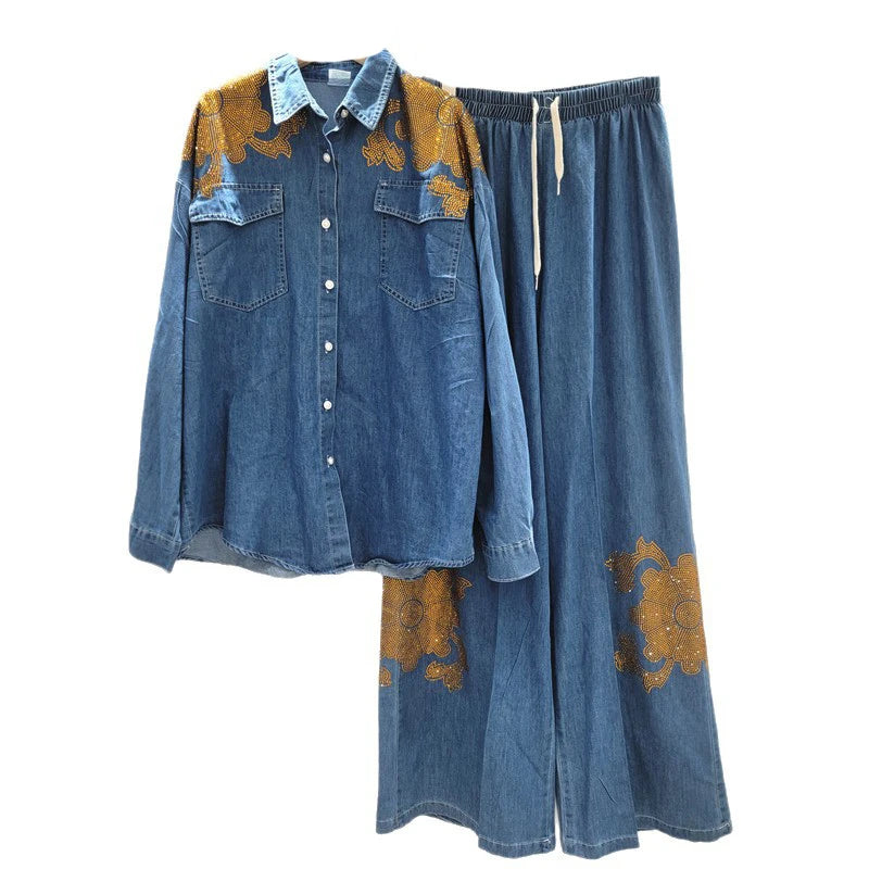 2026 Autumn New Fashion Design Denim Two-Piece Set For Women Heavy Rhinestone Shirt Elastic Waist Wide-leg Pants 11A05592
