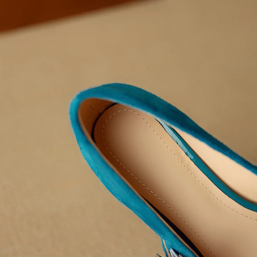 Women's Handmade natural suede Genuine leather metal buckle rivet Mid heel pointed toe dress shoes 34-40
