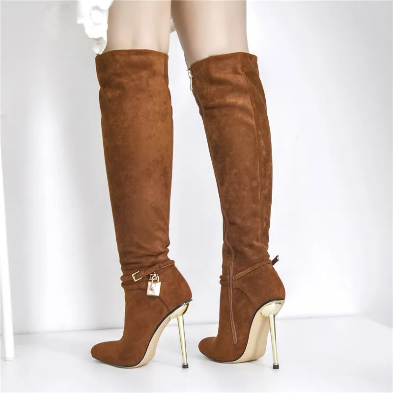 Onlymaker Women's Pointed Toe Brown Suede Lock Decoration Side Zip Knee High Boots Side Zip Stiletto Metal Heel Fashion Boots