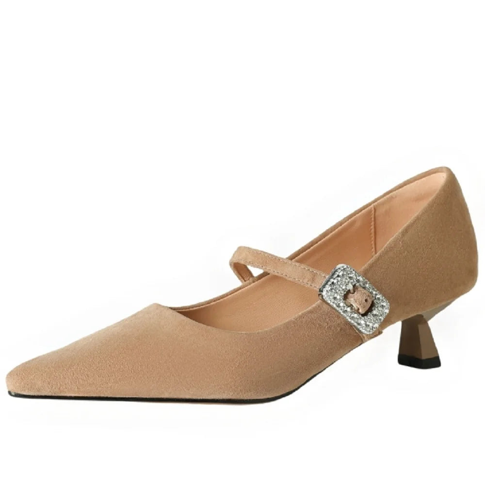 Women's Handmade natural suede Genuine leather metal buckle rivet Mid heel pointed toe dress shoes 34-40
