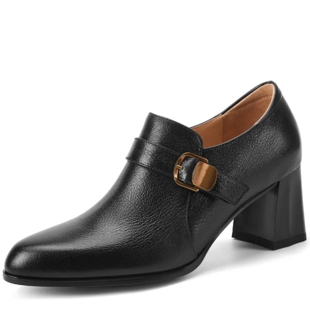 New Women Handmade Genuine Leather Round Toe Soft and comfortable Chunky Heel Loafer High Heels Ladies Shoe 34-40