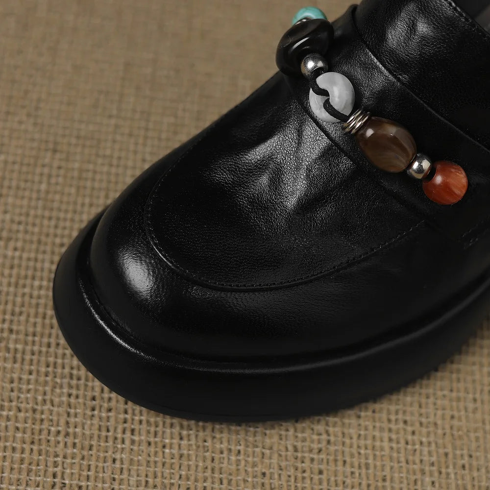 Vintage Soft Genuine Leather Shoes Women Loafers Spring Thick Sole Platform Shoes Single for Office Work 34-40