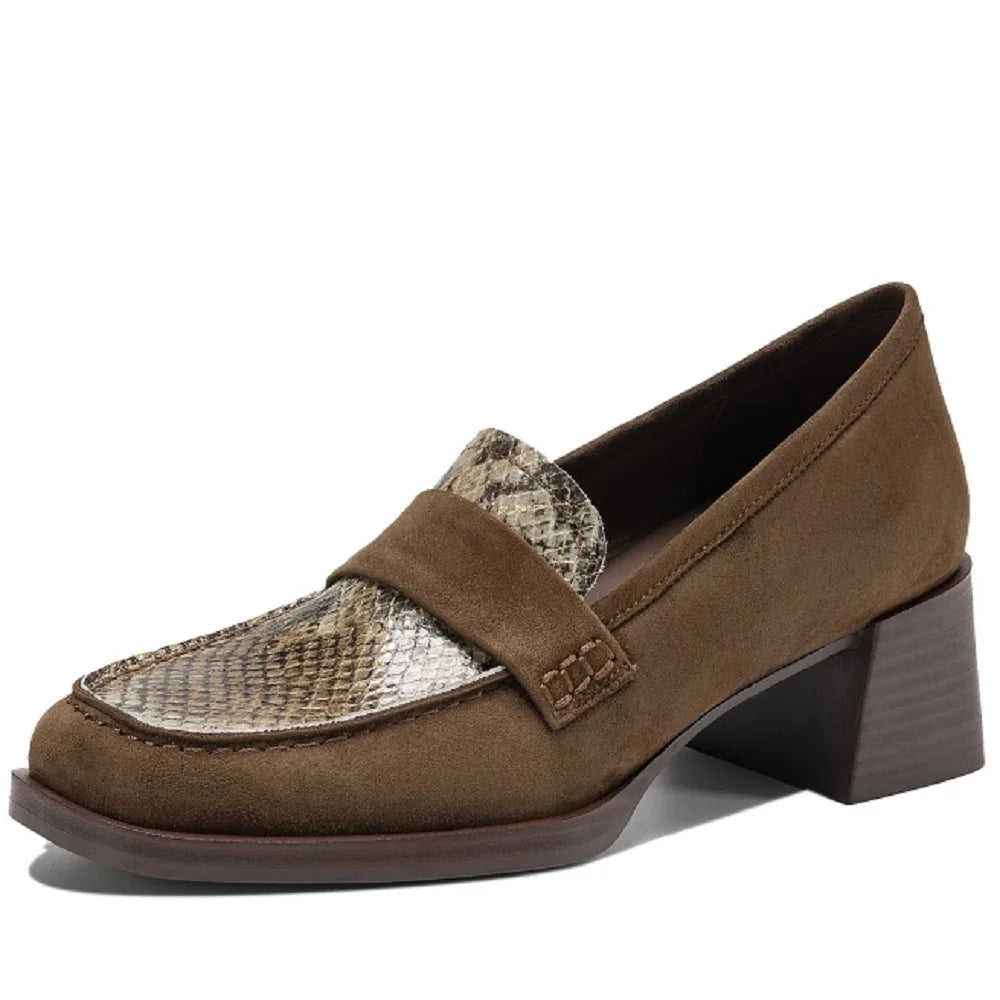 Women Casual High Heels Loafers Genuine Leather Chunky Mid Heels Shoes Spring New Retro Daily Office 34-40