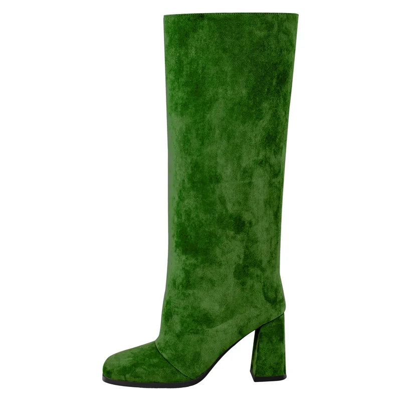Onlymaker Square Toe Faux Suede Leather Knee-high Boots Chunky Heel Shoes Autumn Solid Slip On Fashion Elegant Boots