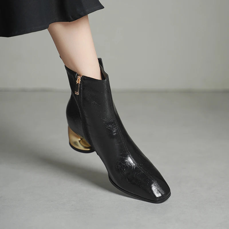 Autumn/Winter New Handmade Genuine Leather Mid Heels Women's Short Boots Square Head Side Zipper Ankle Boots