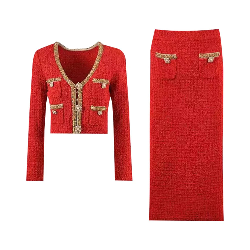 Women's red button two-piece suit with long-sleeved
