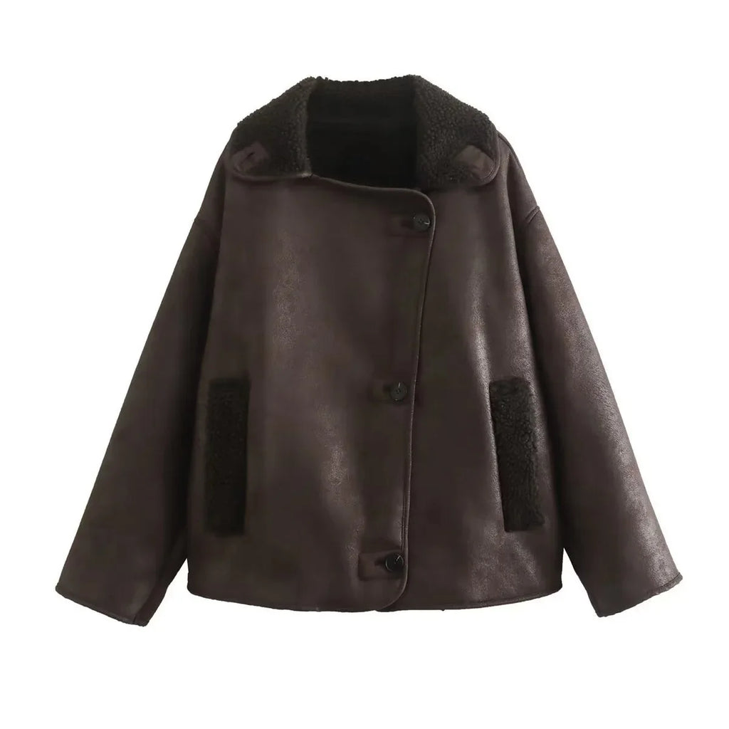 Woman Thick Faux Leather Jackets for Women Autumn Winter Warm Wool Blends Coats Plush Double-sided Jacket Pocket Jacket