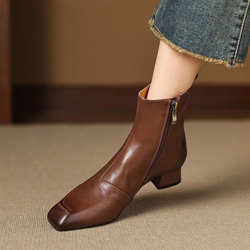 Women's Handmade Genuine leather square toe zip Soft comfortable ankle boots elegant ladies med heel dress 34-40