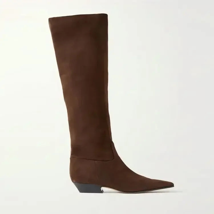 2026 Ladies' Low Heel Knee High Women's Boots Autumn and Winter Square Toe Leather Fashionable 34-46 Large Mid Length Boots