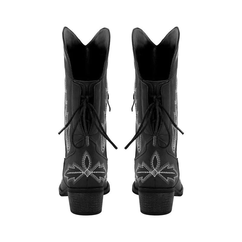 Women Pointed Toe Black Embroidery Western Boots Tapered Heel Round Up  Mid-Calf Western Cowgirl Boots