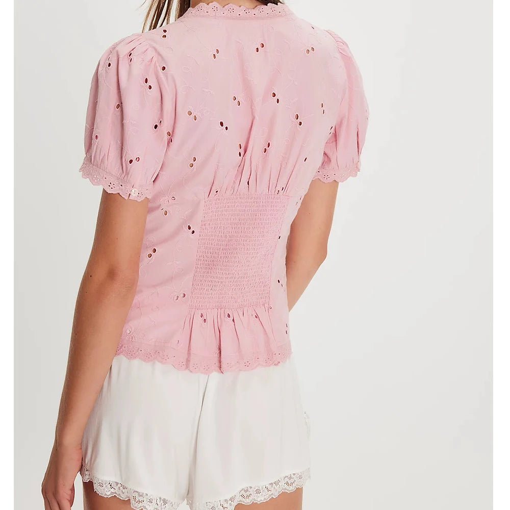 Women Summer Puff Short Sleeve Embroidered Eyelet Peplum Blouse Button Up Smocked Babydoll Crop Tops Going Out Shirts Streetwear
