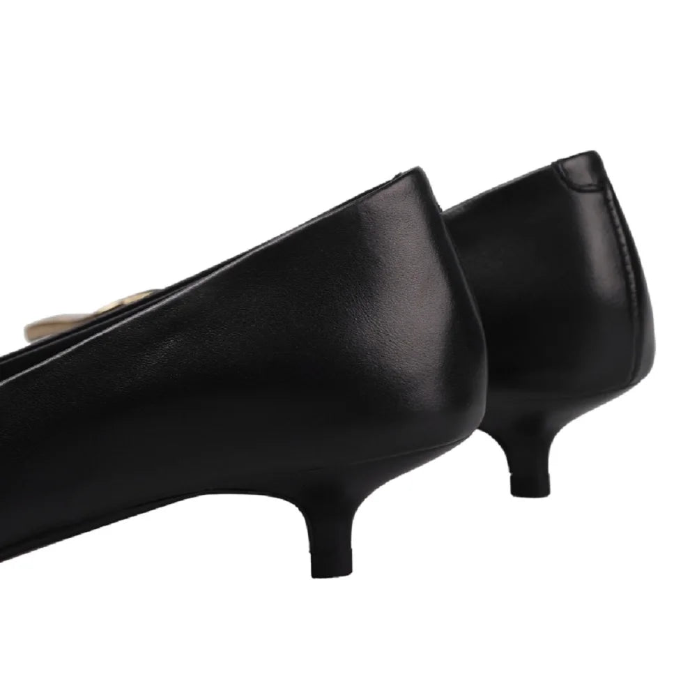 Handmade Genuine Leather Mid Heels Woman's Luxury High-End Elegant Design Commuting Female Color Button Design
