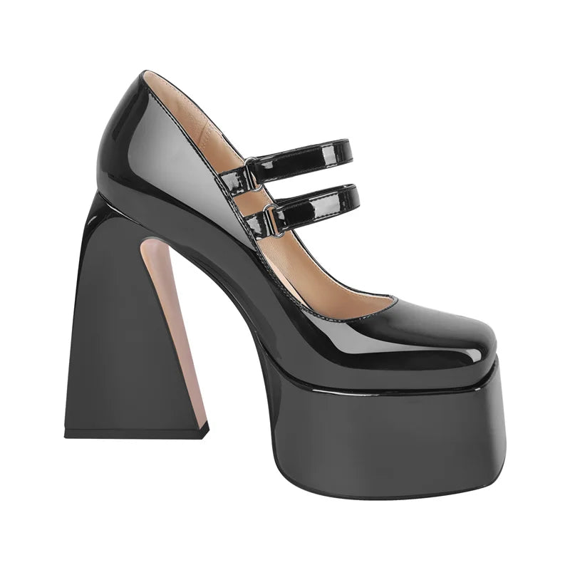 Women Pumps Mary-Jane Platform Black Patent Leather Chunky High Heels Ankle Strap Dress Party Plus Size Punk Shoes