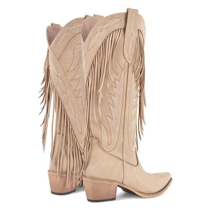 Onlymaker Women Pointed Toe Retro Fringe Pull On Western Cowgirl Boots Fringed Chunky Heel Embroidery Cowboy Boots