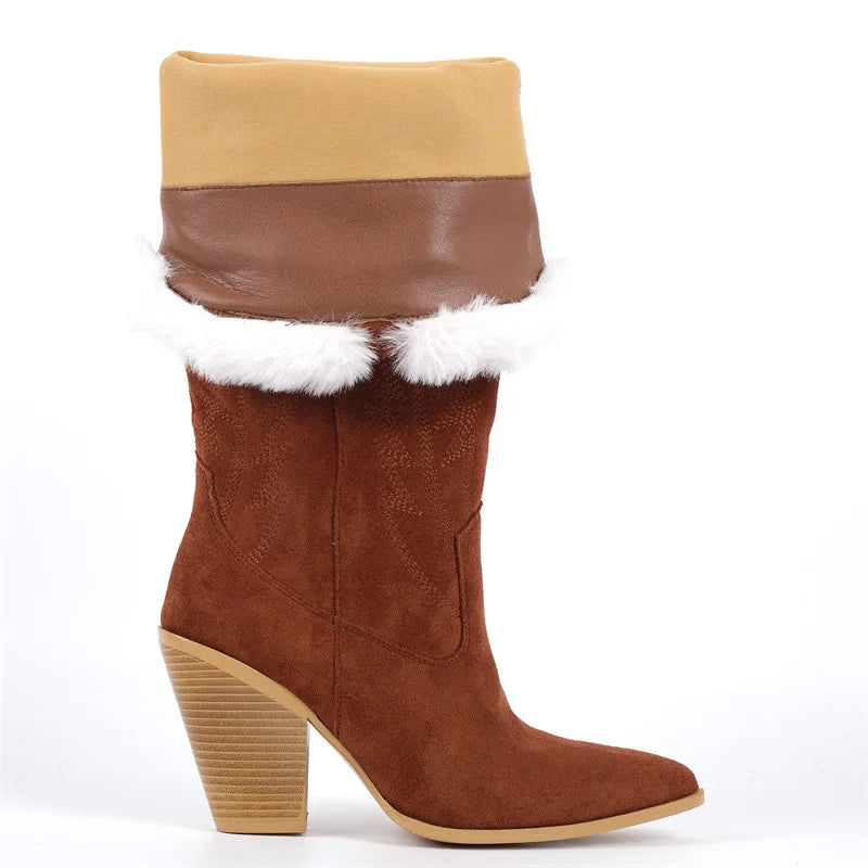 Onlymaker Women Pointed Toe Side Zipper  Retro Western Cowgirl Boots Fringed Chunky Heel Faux Fur Fashion Cowboy Boots