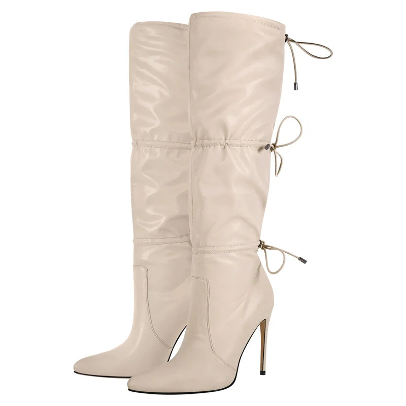 Onlymaker Women Pink Faux Leather Drawstring Knee High Boots 10.5cm Thin Heels Big Size  Boots