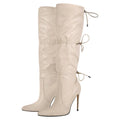 Onlymaker Women Pink Faux Leather Drawstring Knee High Boots 10.5cm Thin Heels Big Size  Boots
