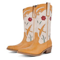 Onlymaker Women Pointed Toe Flower Pull-on Knee High Cowgirl Boots Comfy  Wide Calf Chunky Heel Retro Classic Western Boots