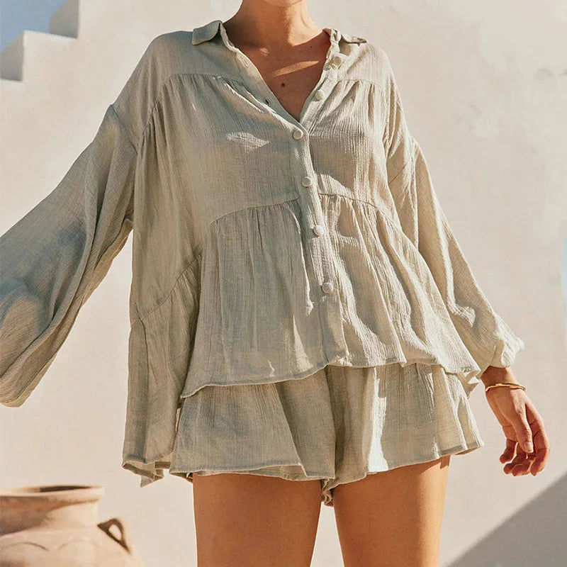 Casual Loose Female 2 Piece-Set Shorts Ruffled Lapel Shirts Top And High Waist Shorts Sets Summer Beach Holiday Outfits