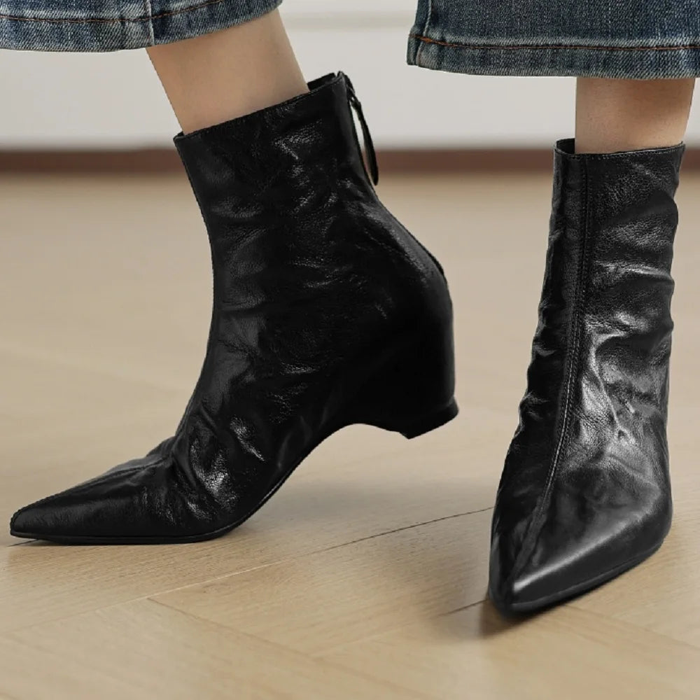 Women's Handmade Genuine Leather Short Boots Thick Heel Flat Bottom Pointed Toe Heightening Retro Boots 33-40