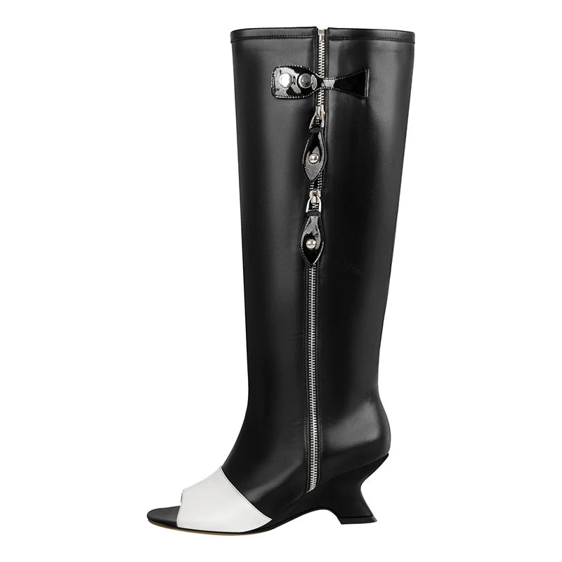 Onlymaker Women  Peep Toe  Matte Shaped Heel Knee High Boots  Fashion Kitten Heel  Female Boots
