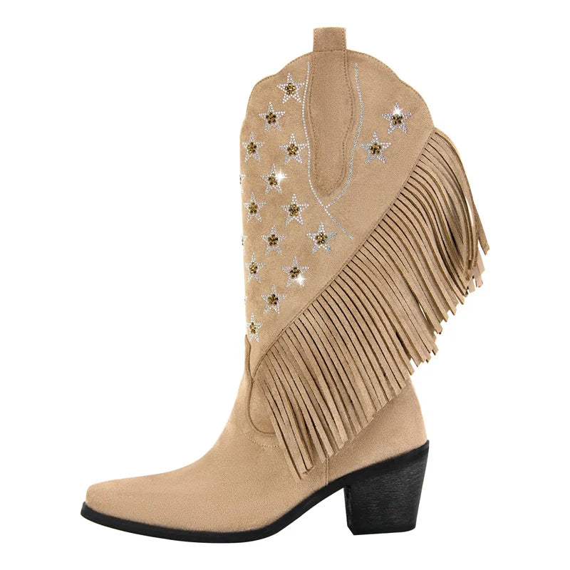 Onlymaker Women Pointed Toe Pull-on Knee High Fringe Cowgirl Boots Comfy Big Size Pull On Rhinestone Mid Calf Western Boots