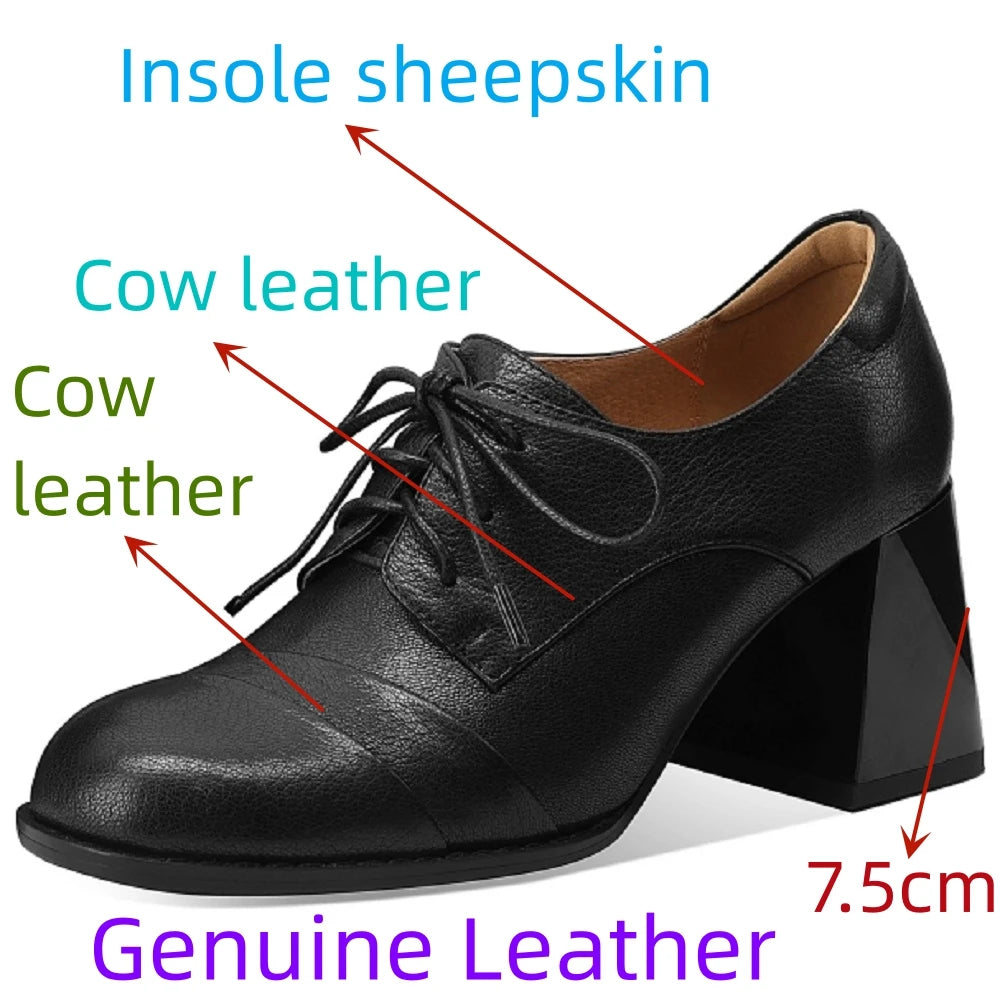 Women's Handmade Genuine Leather lace-up thick high heel oxfords female daily slim dress pumps shoes 33-