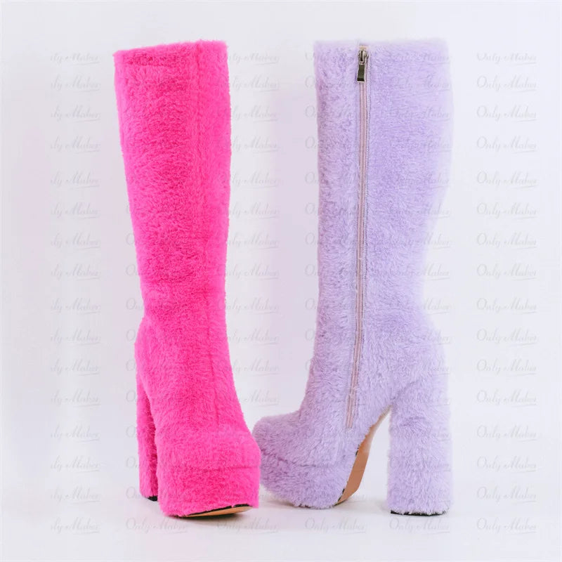 Onlymaker Women Rose Pink Platform Round Toe Chunky Heel Fluffy  Side Zip Lady  Knee High Fashion Boots