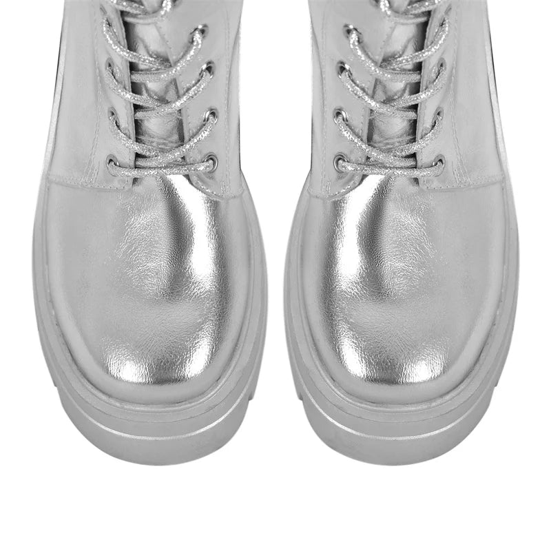 Onlymaker Women Silver Knee High Boots Round Toe Side Zipper Matte  Lace UP Plus Size Female Punk Boots