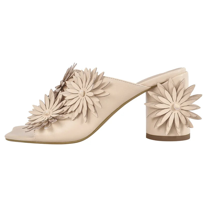 Women Square Toe Flower Mules Chunky Heels Slip On Summer Sandals
