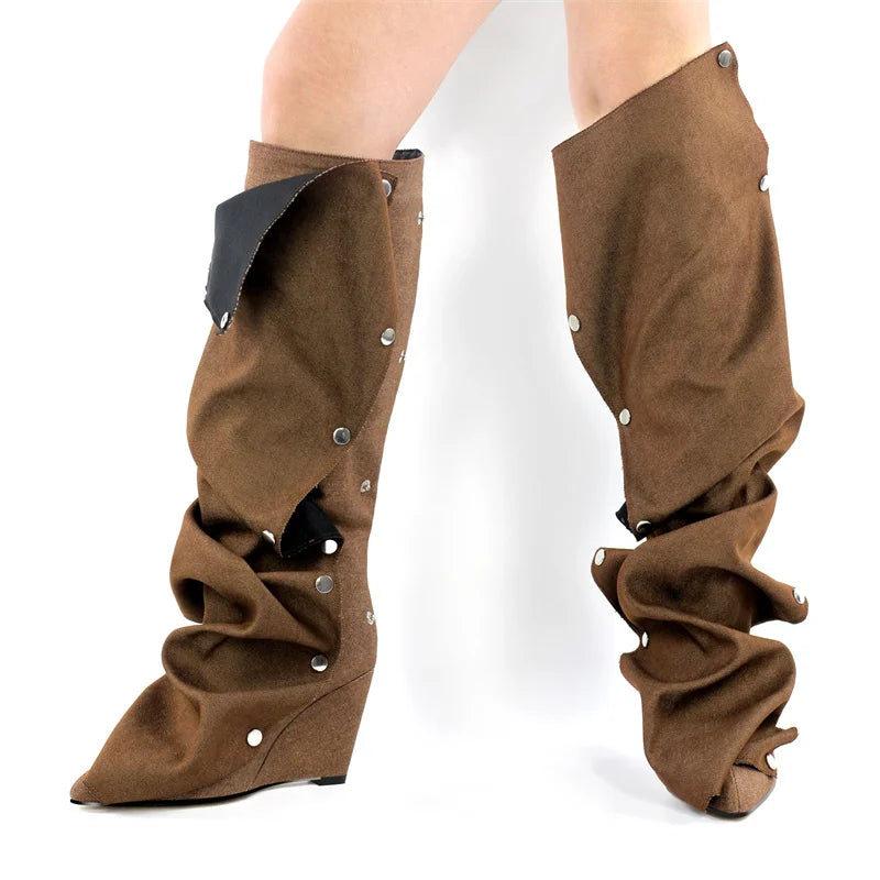 Onlymaker Women Pointed Toe Pleated Wedges Knee High Boots  Fashion Black Matte Buttons Boots