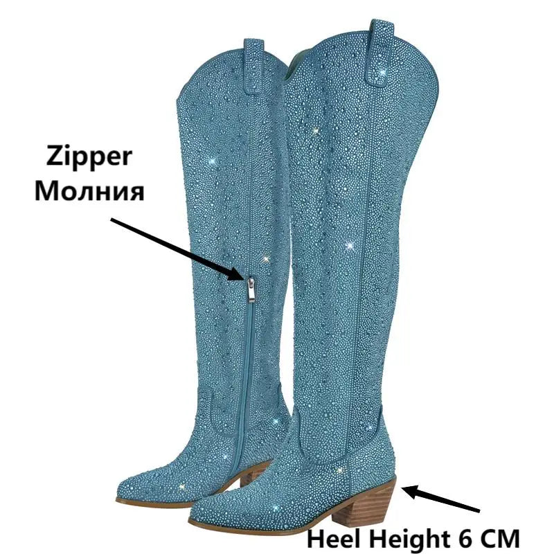Onlymaker Women Pointed Toe Blue Rhinestone Over The Knee Boots  Chunky Heel Fashion Handmade Female Bling Boots
