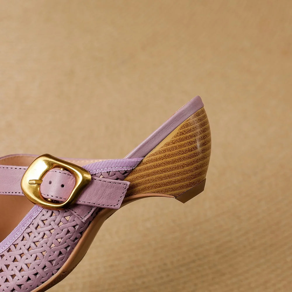 Handmade Genuine Leather Relaxed and comfortable openwork Retro Square Toe Mary Jane Casual Outdoors Strap Sandal