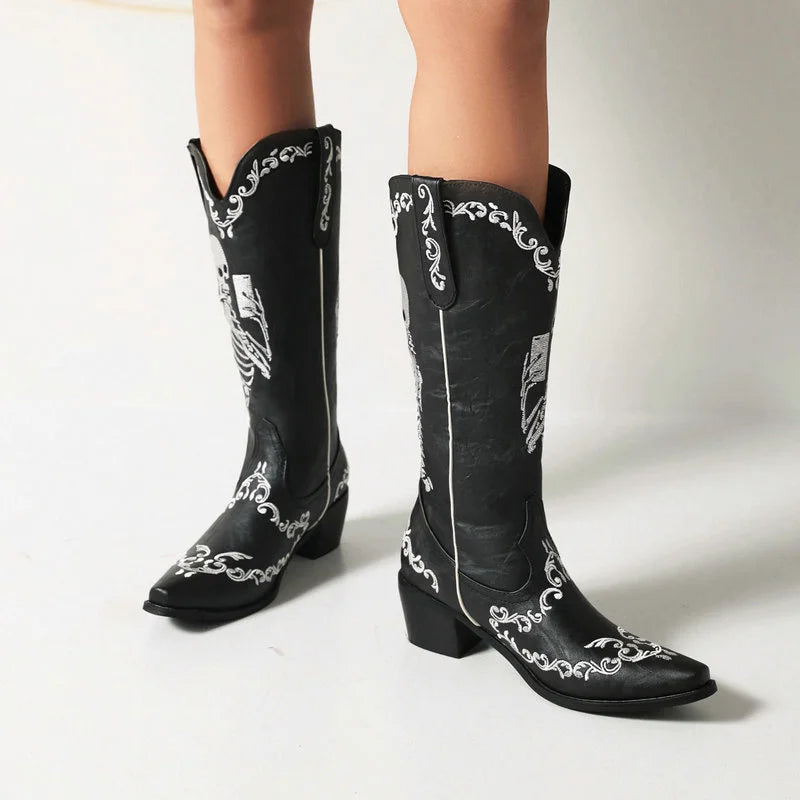 Onlymaker Women Skeleton Embroidery Halloween Western Sewing Floral Cowboy Boots Retro Mid-Calf Western Boots