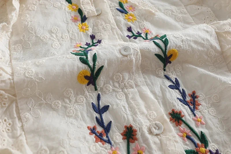 Fall Mori Girl Cotton Floral Embroidery Lace Long Sleeve Shirt Vintage Shabby Chic Cottagecore Sweet Victorian Rococo Blouse